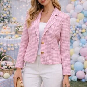 Ann Taylor Pink Houndstooth Notch Lapel Blazer
